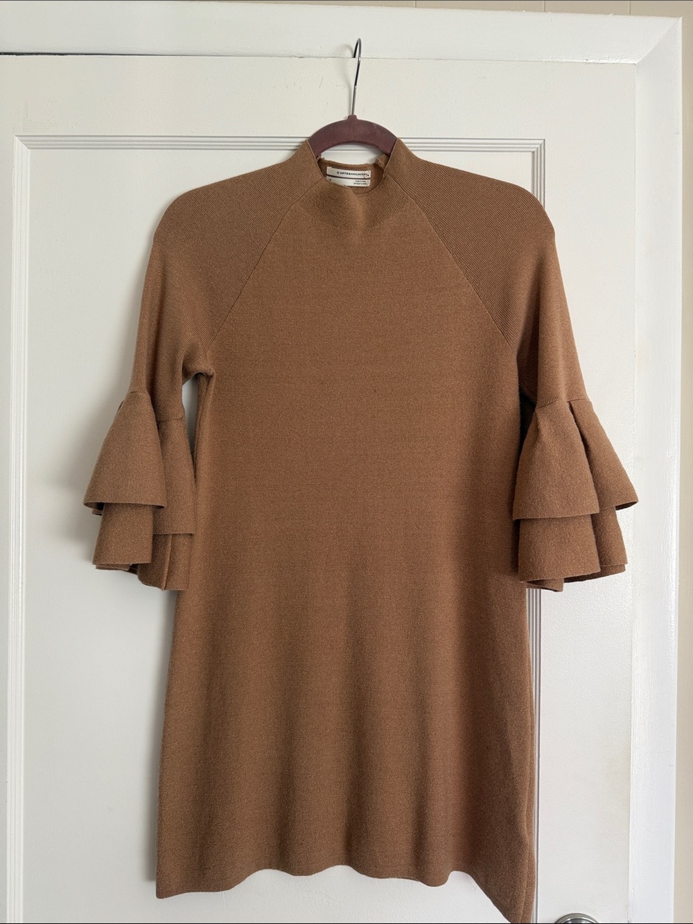 Anthropologie Camel Tiered-Ruffle Mini Dress